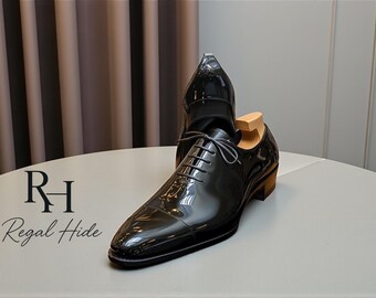 Zapatos Oxford negros de charol hechos a mano / Calzado formal de vestir para hombre
