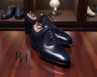 Handmade Blue Patina Oxford Shoes | Genuine Leather Formal Footwear