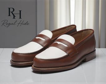 Handgefertigte Leder Zweifarbige Penny Loafers Abendschuhe | Formelle und lässige Schuhe