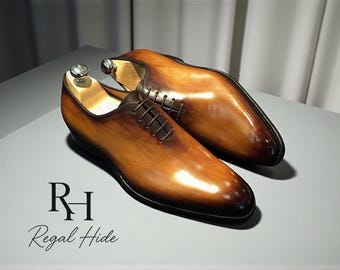 Zapatos Oxford de piel marrón patinada hechos a mano / Calzado formal de vestir para hombre