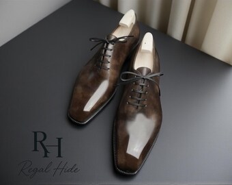 Zapatos Oxford de piel marrón patinada hechos a mano / Calzado formal para hombre
