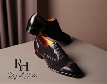 Zapatos Oxford de ante negro hechos a mano / Zapatos de vestir de piel auténtica