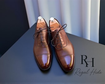 Zapatos Oxford de piel marrón hechos a mano / Calzado formal de vestir para hombre
