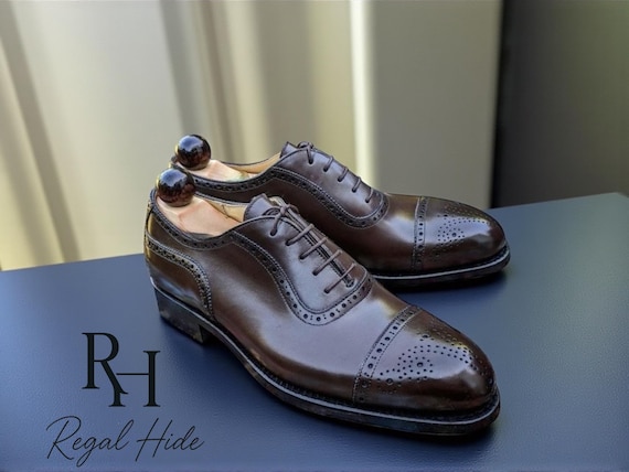 Handmade Dark Brown Leather Oxford Brogue Shoes | Men's Formal Footwear