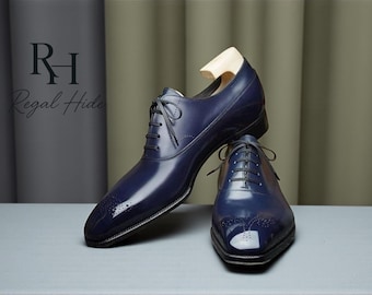 Handmade Blue Leather Oxford Brogue Shoes | Men's Dress Footwear