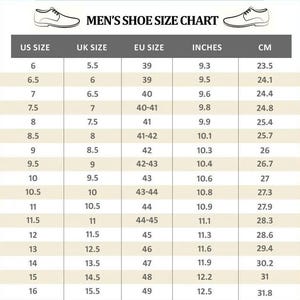 K&ouml;nnte beinhalten: Eine Schuhgr&ouml;&szlig;entabelle f&uuml;r Herren mit US-, UK- und EU-Gr&ouml;&szlig;en, Zoll und Zentimetern. Die Tabelle umfasst Gr&ouml;&szlig;en von 23,5 cm bis 31,8 cm. Enth&auml;lt Schuhgr&ouml;&szlig;en-&Auml;quivalente.