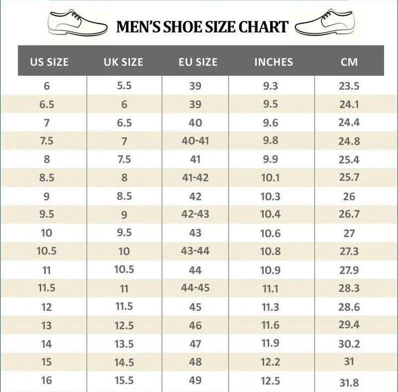 K&ouml;nnte beinhalten: Eine Schuhgr&ouml;&szlig;entabelle f&uuml;r Herren mit US-, UK- und EU-Gr&ouml;&szlig;en, Zoll und Zentimetern. Die Tabelle umfasst Gr&ouml;&szlig;en von 23,5 cm bis 31,8 cm. Enth&auml;lt Schuhgr&ouml;&szlig;en-&Auml;quivalente.