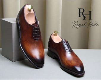 Zapatos Oxford marrones hechos a mano con pátina pintada a mano / Calzado formal de vestir para hombre