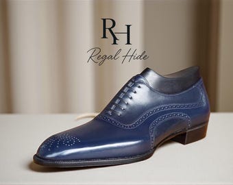 Handmade Blue Leather Oxford Brogue Shoes | Men's Dress Footwear