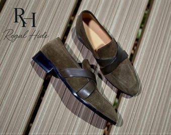 Handmade Suede With Leather Strap Penny Loafers Dress Shoes | Formal And Casual Footwear