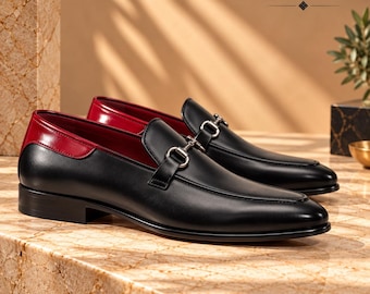 Mocassins à mors en cuir noir pour homme, chaussures habillées de luxe à enfiler