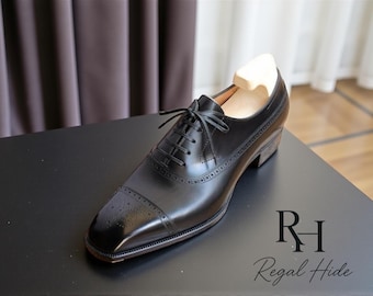 Handmade Black Leather Oxford Brogue Shoes | Classic Formal Footwear