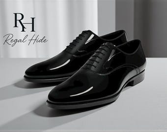 Zapatos Oxford negros de charol hechos a mano / Calzado formal de vestir para hombre