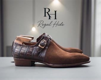 Handmade Single Monk Strap Textured Leather And Suede Shoes | Casual And Formal Footwear