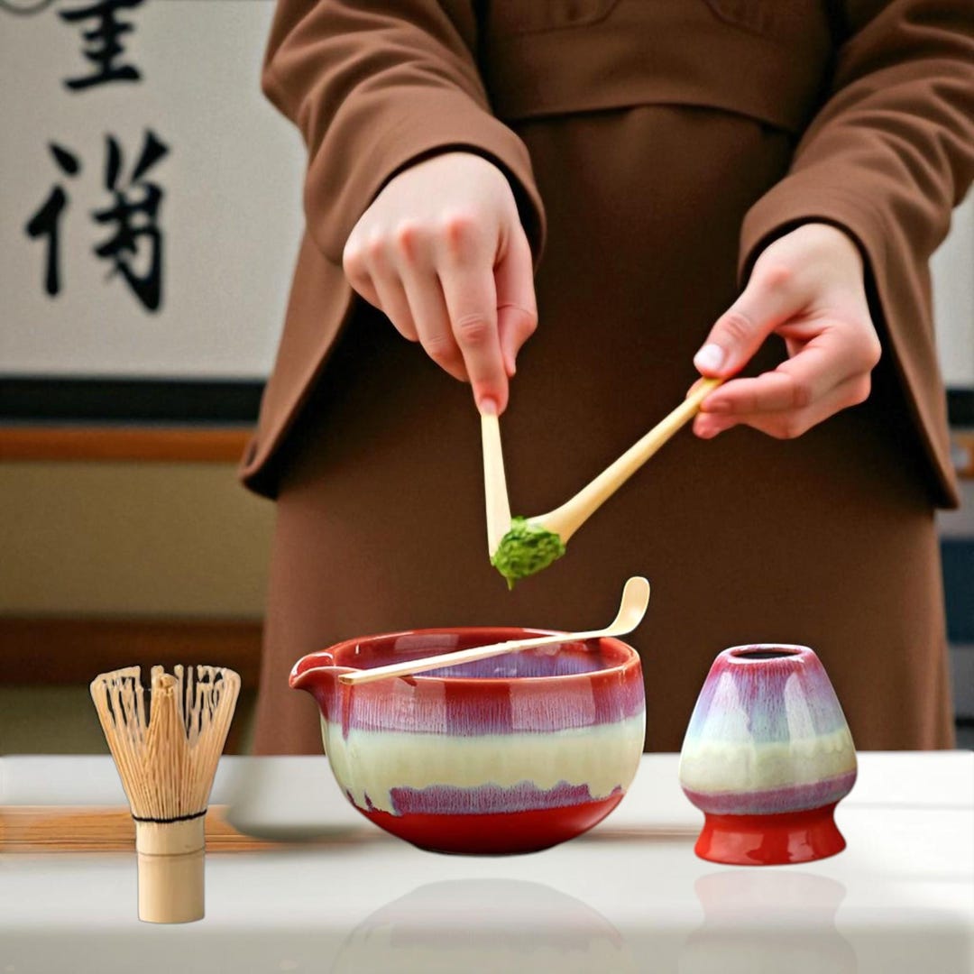 Ensemble de bols à matcha en céramique rouge avec bec verseur : authentique kit japonais pour la cérémonie du thé - France