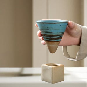 Handmade Ceramic Matcha Cup Set with Geometric Base | Modern Pottery Tea Cups for Matcha, Latte & Espresso | Wabi Sabi Gift for Tea Lovers