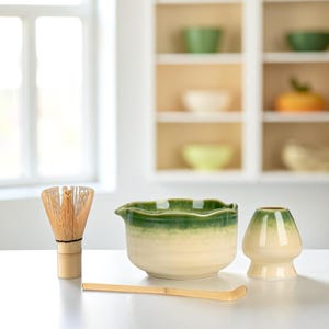Green Ceramic Matcha Bowl Set 500ml – Japanese Chawan with Bamboo Whisk & Chasen Holder – Unique Matcha Gift Set for Tea Ceremony