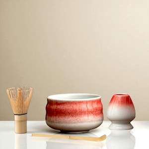Red Ceramic Matcha Tea Set: Bowl, Whisk, Scoop & Holder