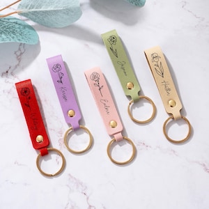 Personalized Birth Flower Leather Keychain, Custom Leather Keychains, Birthday Gifts, Gifts for Her, Anniversary Gifts, Bridesmaid Gifts