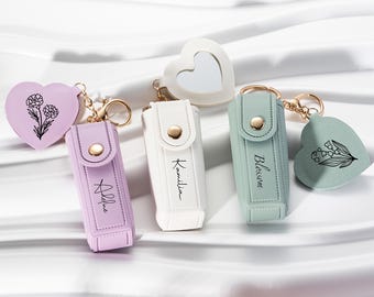 Personalized Lipstick Bag Keychain with Mirror, Customized Name Lipstick Holder, Wedding Party Favor, Valentine's Day Gift, Bridesmaid Gift