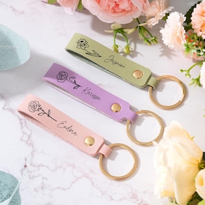 Personalized Birth Flower Leather Keychain, Custom Leather Keychains, Birthday Gifts, Gifts for Her, Anniversary Gifts, Bridesmaid Gifts