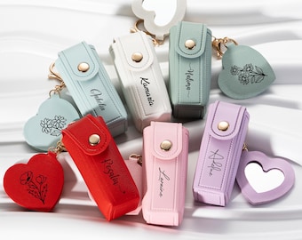 Gepersonaliseerde sleutelhanger lippenstifttas, lippenstiftetui met spiegel, aangepaste naam anti-verloren lippenstift opbergtas, cadeaus bruidsmeisje, cadeau voor haar