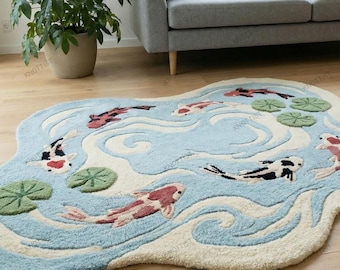 Koi Fish Pond Rug, Hand Tufted Wool Irregular Area Rug
