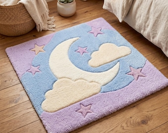 Moon Nursery Rug, Baby Room Cloud Rug, Soft Kids Carpet