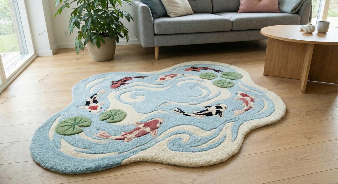 Koi Fish Pond Rug, Hand Tufted Wool Irregular Area Rug - Etsy