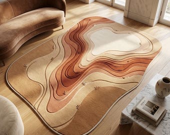 Desert River Rug, Organic Shaped Area Rug, Terracotta Abstract Carpet, Modern Tufted Wool Rug, Contemporary Home Decor