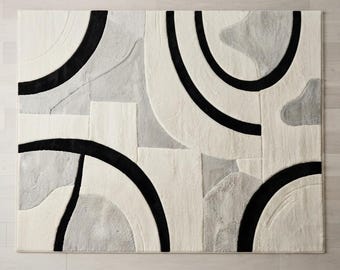 Abstract Modern Area Rug, Handmade Tufted Wool Rug, Geometric Black Cream Rug, Minimalist Living Room Carpet, Contemporary Decor Rug