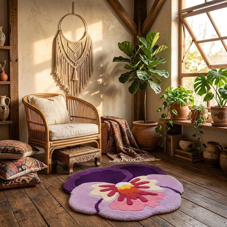 May include: A cozy interior scene featuring a rattan chair with a cushion, a decorative macrame wall hanging, and a large, purple flower-shaped rug. The room is filled with plants and natural light, creating a warm and inviting atmosphere.