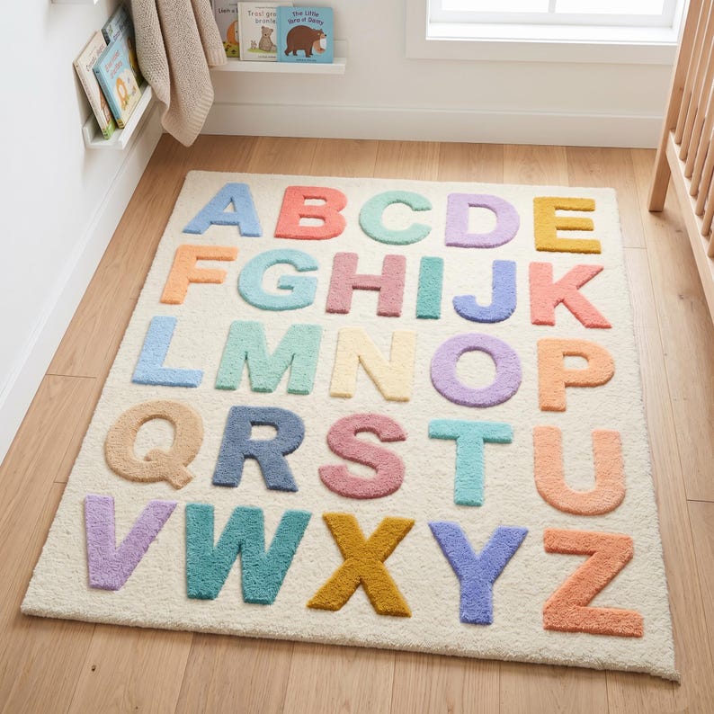 May include: A rectangular area rug with a cream-colored background featuring the English alphabet in raised, tufted letters. Each letter is rendered in a different pastel color, including shades of blue, pink, green, yellow, and purple.