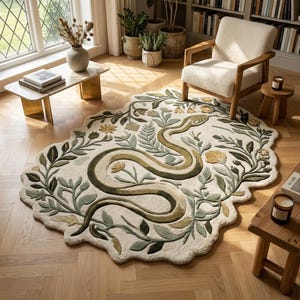 May include: An oval-shaped area rug featuring a cream-coloured background with a central green and olive snake motif surrounded by intricate botanical illustrations of leaves, vines, and small yellow flowers in a soft, muted colour palette.
