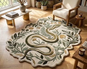 Snake Area Rug, Botanical Snake Rug, Nature Inspired Wool Rug, Cottagecore Carpet, Handmade Tufted Rug, Statement Floor Decor