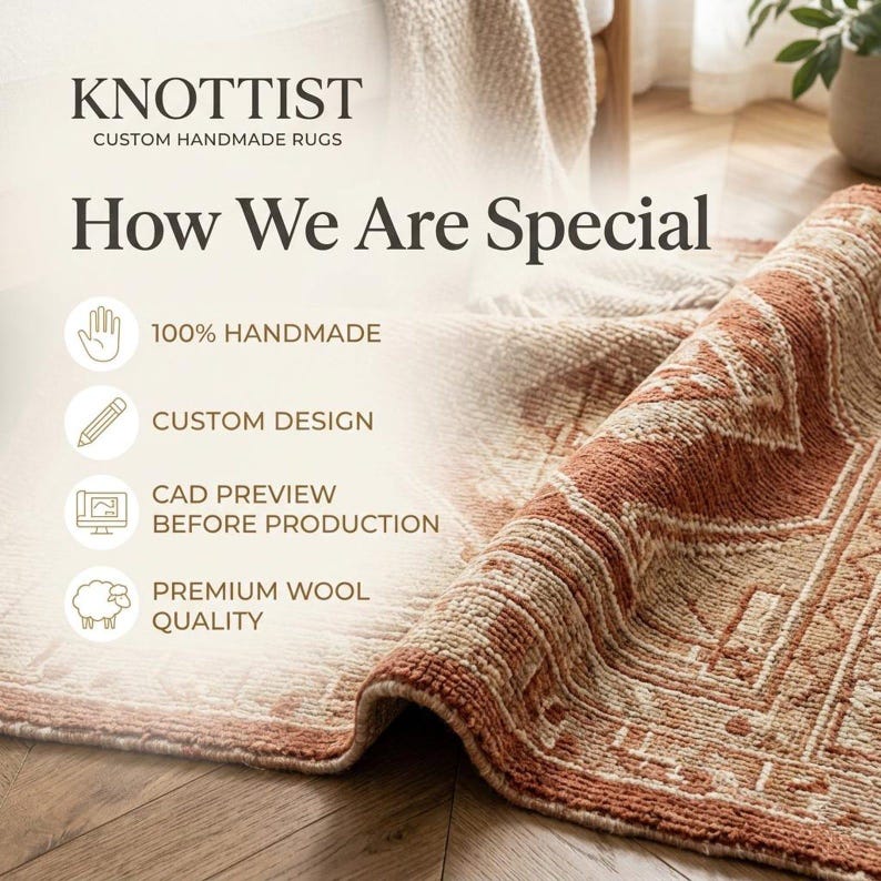 May include: A textured rug with a rust-orange and cream geometric pattern. Text reads: KNOTTIST CUSTOM HANDMADE RUGS, How We Are Special, 100% HANDMADE, CUSTOM DESIGN, CAD PREVIEW BEFORE PRODUCTION, PREMIUM WOOL QUALITY, with icons of a hand, pencil, computer, and sheep.