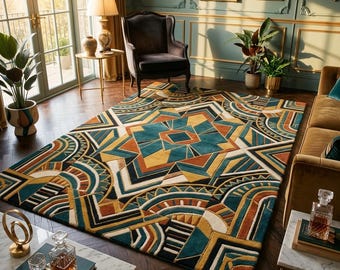 Art Deco Area Rug, Geometric Wool Rug, Vintage Inspired Carpet, Luxury Living Room Rug, Handmade Statement Floor Decor