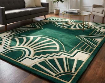 Art Deco Rug, Emerald Green Area Rug, Geometric Wool Carpet, Gatsby Style Rug, Handmade Tufted Rug, Luxury Living Room Decor