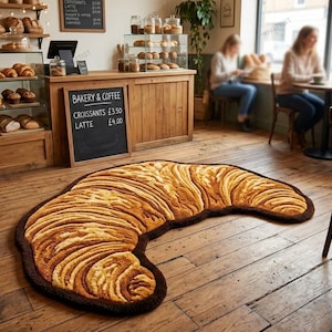 May include: A large, decorative rug shaped like a croissant, with a brown border and detailed, textured design in shades of tan and brown. The rug is placed on a wooden floor in a cafe setting.