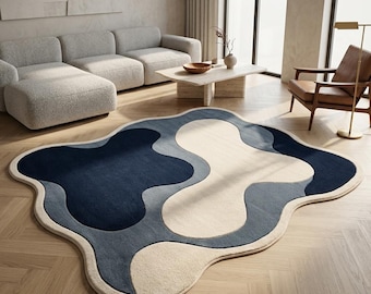 Blue Abstract Shaped Rug, Organic Modern Area Rug, Irregular Contemporary Carpet, Handmade Wool Living Room Decor
