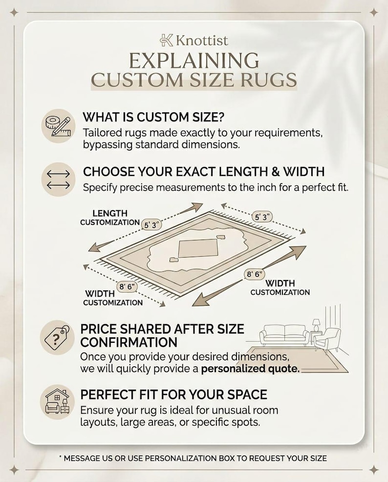 May include: An informational graphic from Knottist explains custom size rugs. The graphic shows a rug with length and width measurements of 5'3" and 8'6" respectively. Text includes "Choose your exact length & width" and "Perfect fit for your space."