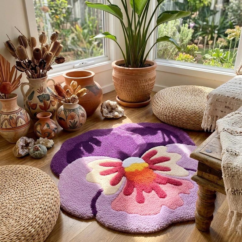 May include: A purple, pink, and yellow flower-shaped rug sits on a wooden floor. The rug has a textured, tufted design. Decorative vases, a potted plant, and woven poufs surround the rug, creating a cozy, bohemian aesthetic.
