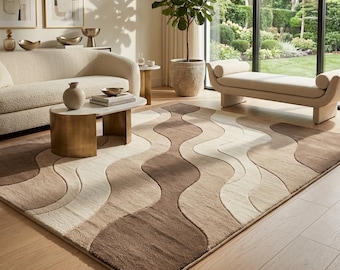 Neutral Abstract Wave Rug, Modern Beige Area Rug, Contemporary Living Room Carpet, Handmade Wool Rug, Minimalist Decor
