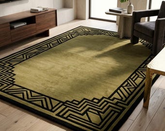 art deco rug, green rug, olive rug, geometric rug, luxury rug, wool rug, tufted rug, handmade rug, living room rug, modern rug, area rug