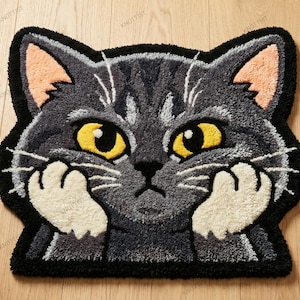 May include: A gray cat-shaped rug with yellow eyes and white paws. The rug has a black border and is placed on a wooden floor. The cat's ears are pink.
