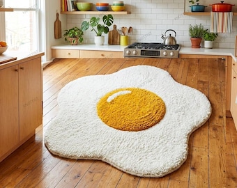 Hand Tufted Wool Fried Egg Rug, Playful Kitchen Decor