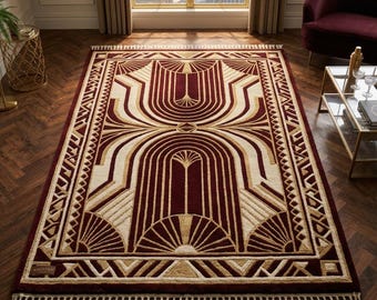 Burgundy Art Deco Rug, Vintage Geometric Area Rug, Luxury Wool Carpet, Handmade Living Room Rug, Statement Home Decor
