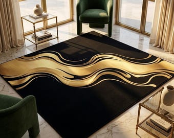Black Gold Abstract Rug, Luxury Modern Area Rug, Contemporary Wave Carpet, Handmade Wool Rug, Living Room Decor