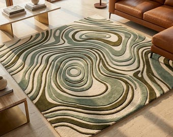 Green Abstract Contour Rug, Modern Organic Area Rug, Sage Green Wool Carpet, Contemporary Living Room Decor