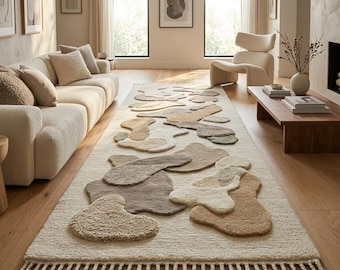 Handmade Wool Abstract Runner Rug, Neutral Contemporary Hallway Carpet, Minimalist Floor Art